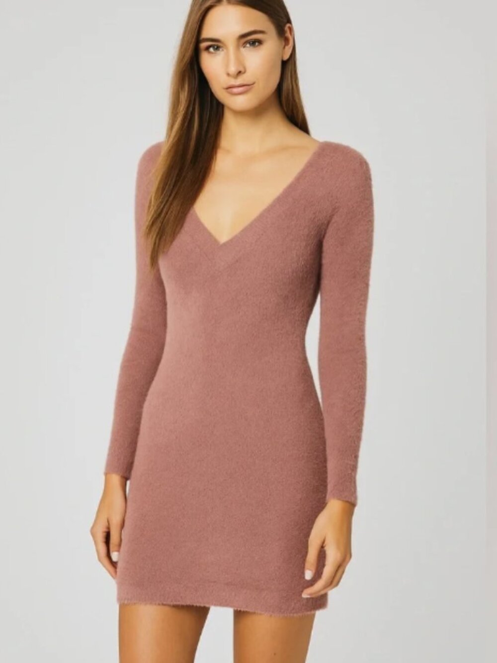 Abercrombie Fitch V-Back Fuzzy Sweater Dress Dusty Rose Bodycon Long Sleeve Sml